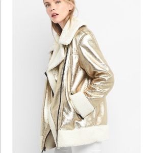 Gap Metallic Gold Faux Sherling Lined Sherpa Moto Jacket